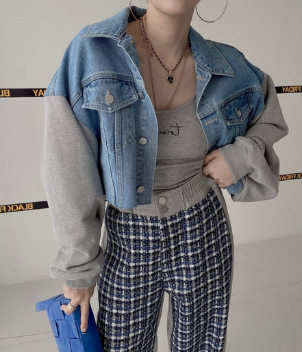 Korean Chic Patchwork Denim Jacket for Spring/Fall
