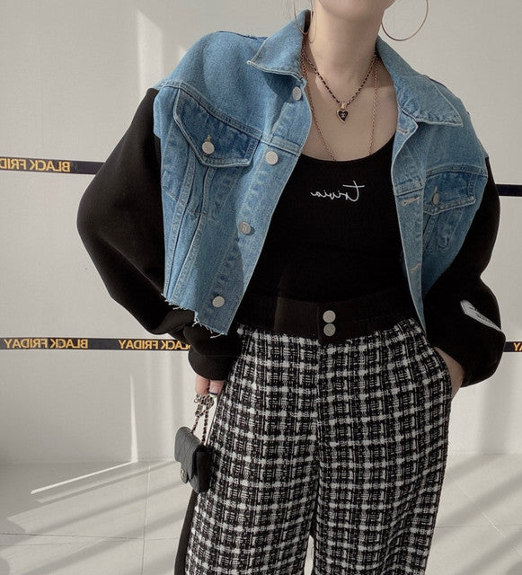 Korean Chic Patchwork Denim Jacket for Spring/Fall