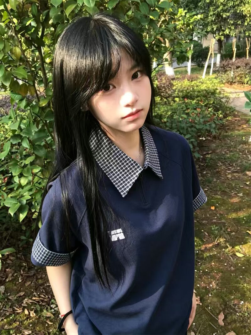 純綿の日本風フェイクの2ピース半袖ポロシャツ、女性用Tシャツ、肩肩の夏デザイン、ニッチな大学スタイル