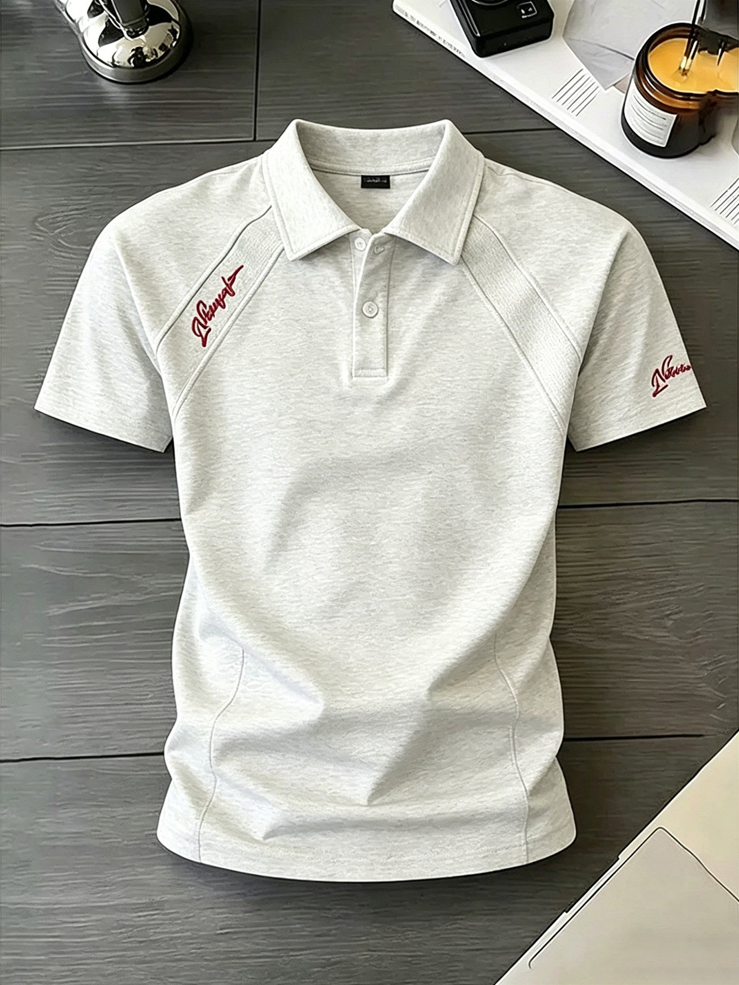男性用サマーリブ肩半袖ヘビーウェイトスペースマンバコットンTシャツ 白の花柄グレーのアメリカンレター刺繍ポロシャツ