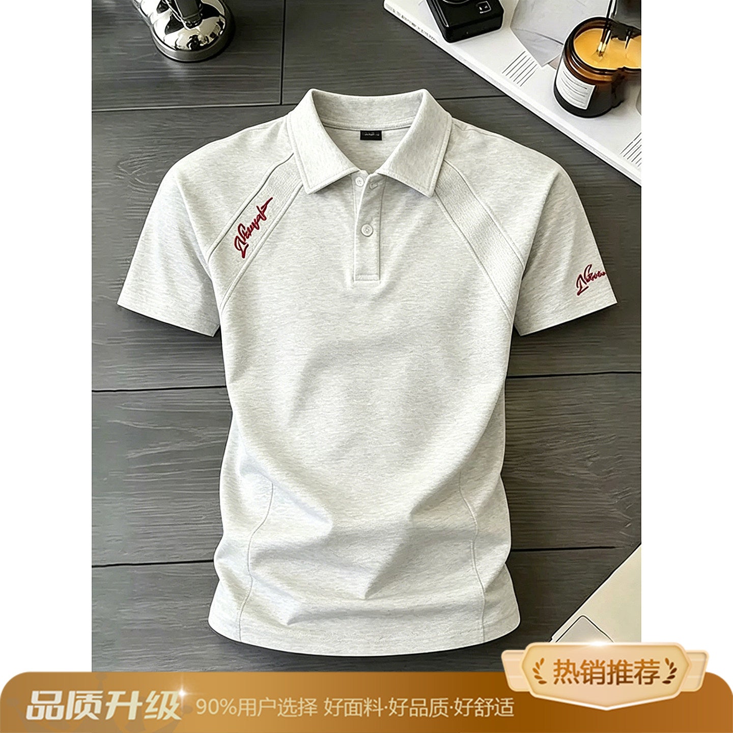 男性用サマーリブ肩半袖ヘビーウェイトスペースマンバコットンTシャツ 白の花柄グレーのアメリカンレター刺繍ポロシャツ