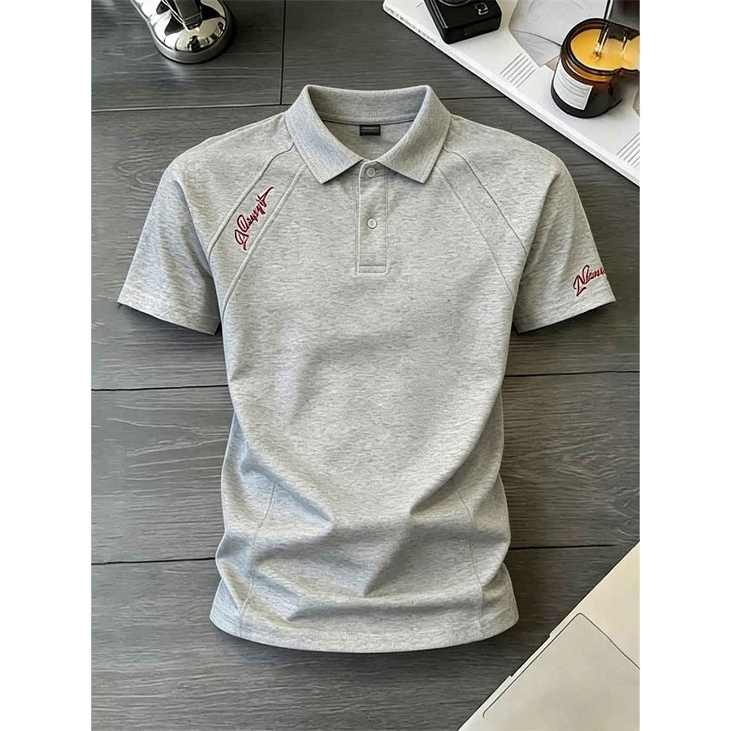 男性用サマーリブ肩半袖ヘビーウェイトスペースマンバコットンTシャツ 白の花柄グレーのアメリカンレター刺繍ポロシャツ