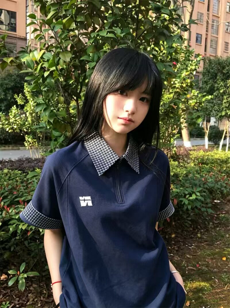 純綿の日本風フェイクの2ピース半袖ポロシャツ、女性用Tシャツ、肩肩の夏デザイン、ニッチな大学スタイル