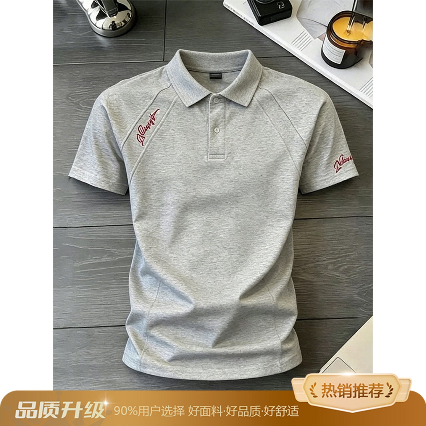 男性用サマーリブ肩半袖ヘビーウェイトスペースマンバコットンTシャツ 白の花柄グレーのアメリカンレター刺繍ポロシャツ