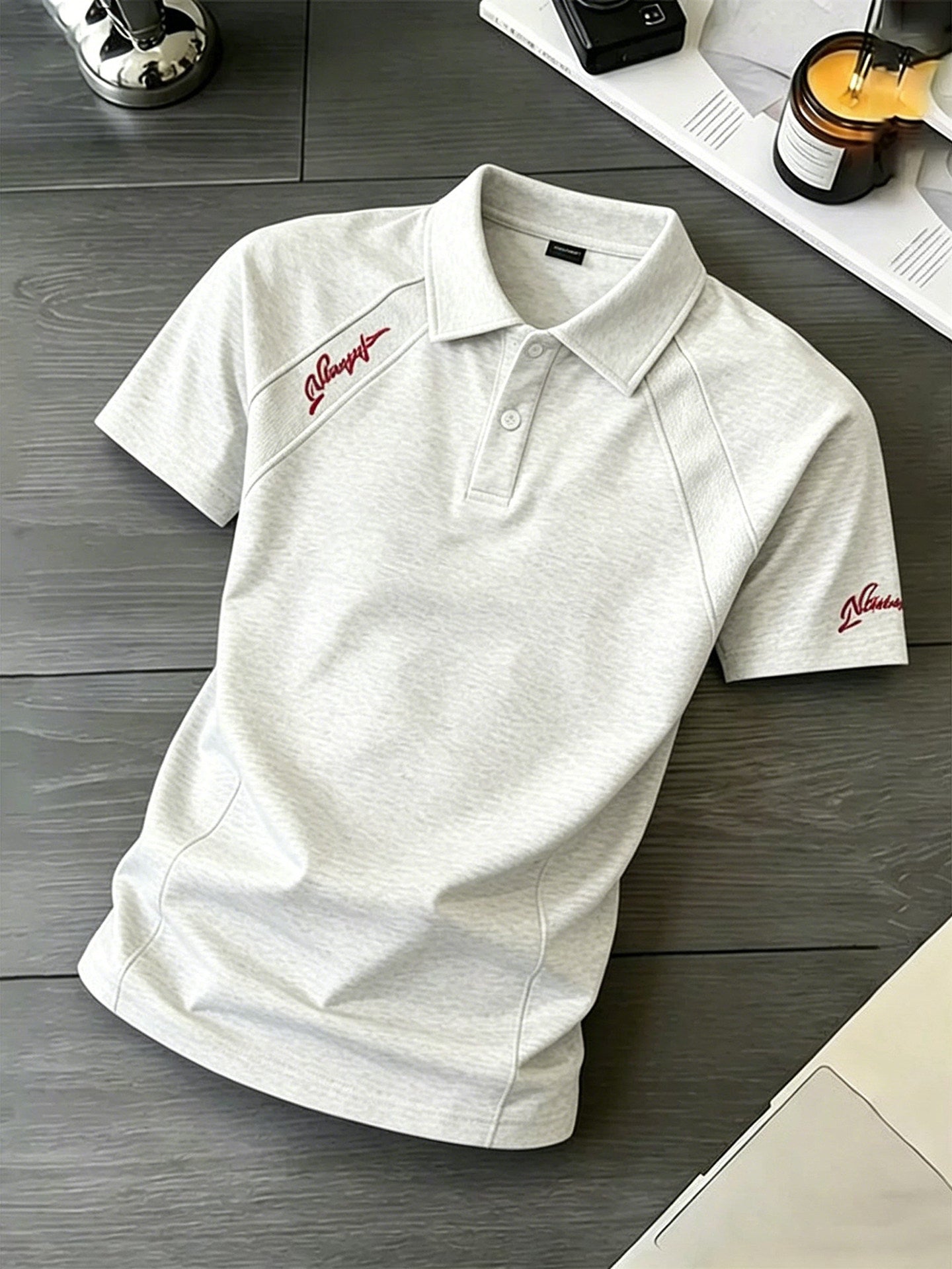 男性用サマーリブ肩半袖ヘビーウェイトスペースマンバコットンTシャツ 白の花柄グレーのアメリカンレター刺繍ポロシャツ