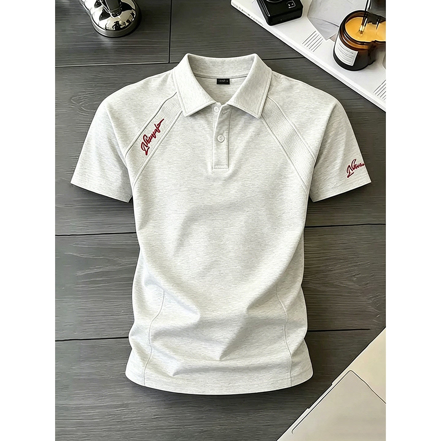 男性用サマーリブ肩半袖ヘビーウェイトスペースマンバコットンTシャツ 白の花柄グレーのアメリカンレター刺繍ポロシャツ