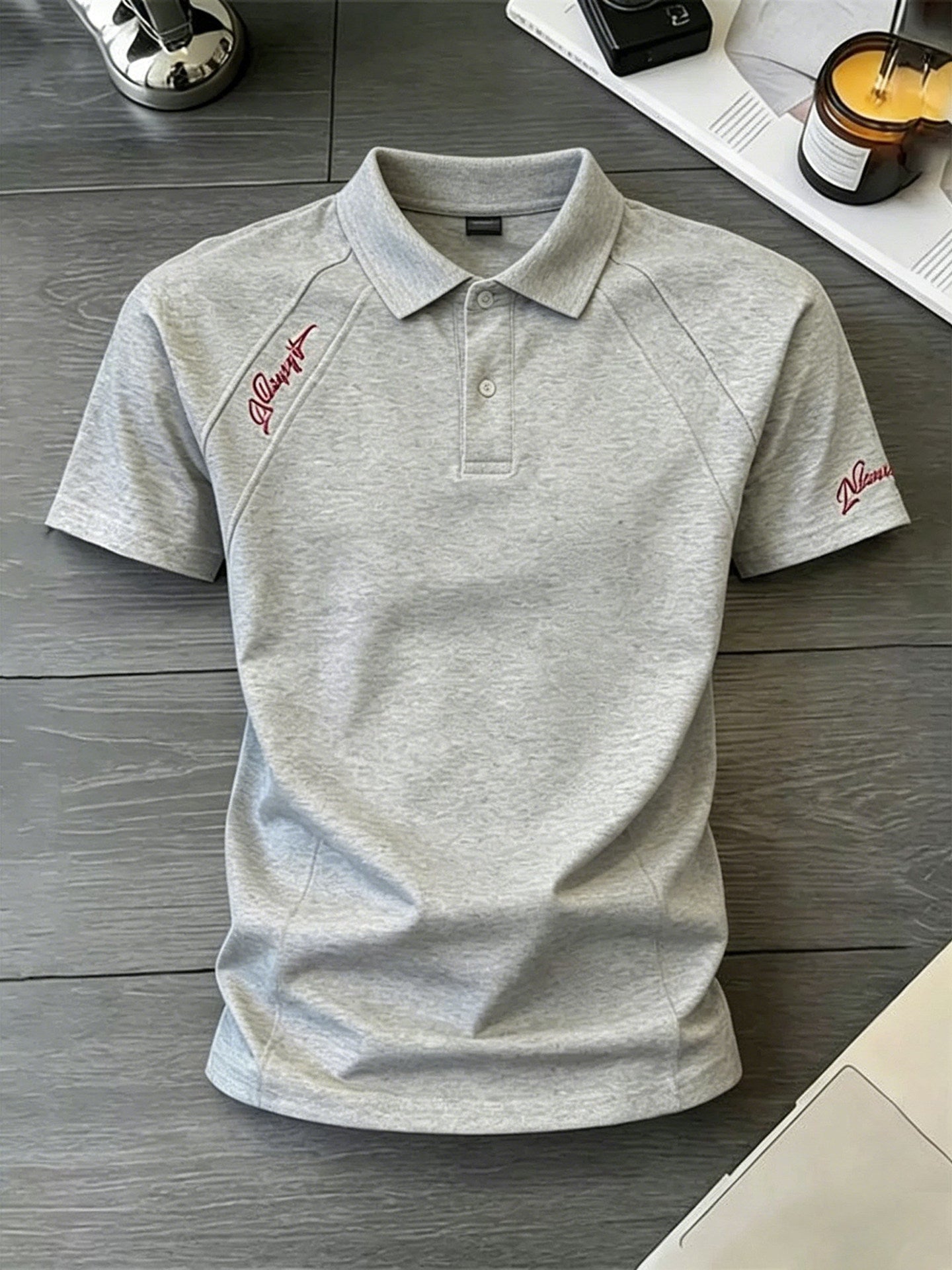 男性用サマーリブ肩半袖ヘビーウェイトスペースマンバコットンTシャツ 白の花柄グレーのアメリカンレター刺繍ポロシャツ