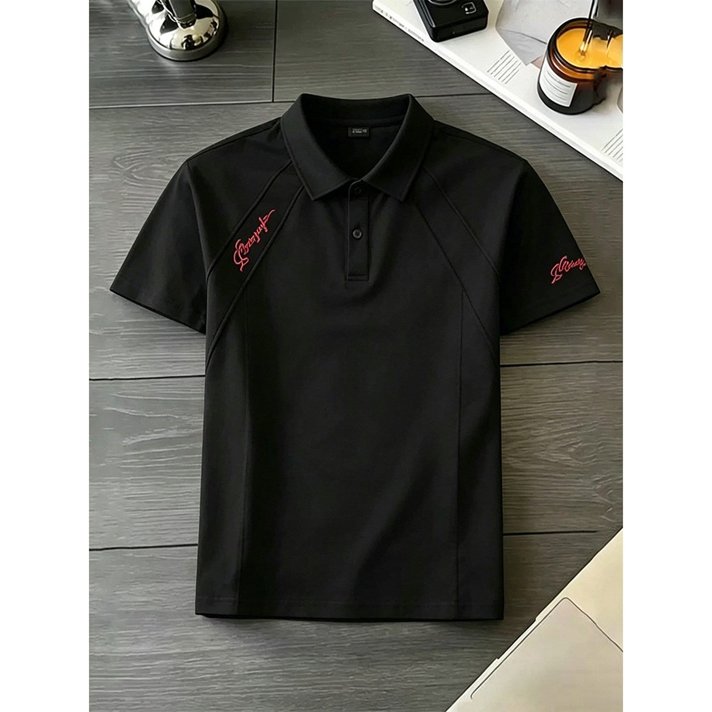 男性用サマーリブ肩半袖ヘビーウェイトスペースマンバコットンTシャツ 白の花柄グレーのアメリカンレター刺繍ポロシャツ