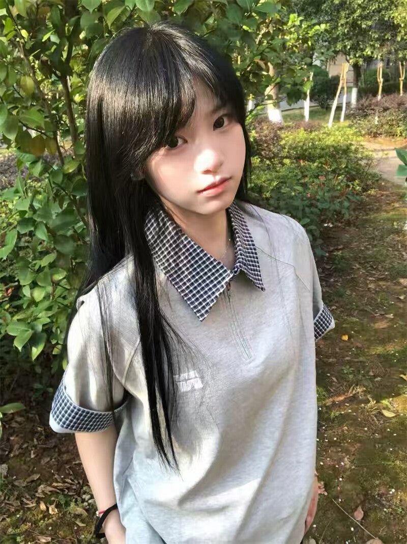 純綿の日本風フェイクの2ピース半袖ポロシャツ、女性用Tシャツ、肩肩の夏デザイン、ニッチな大学スタイル