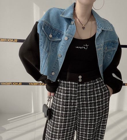 Korean Chic Patchwork Denim Jacket for Spring/Fall